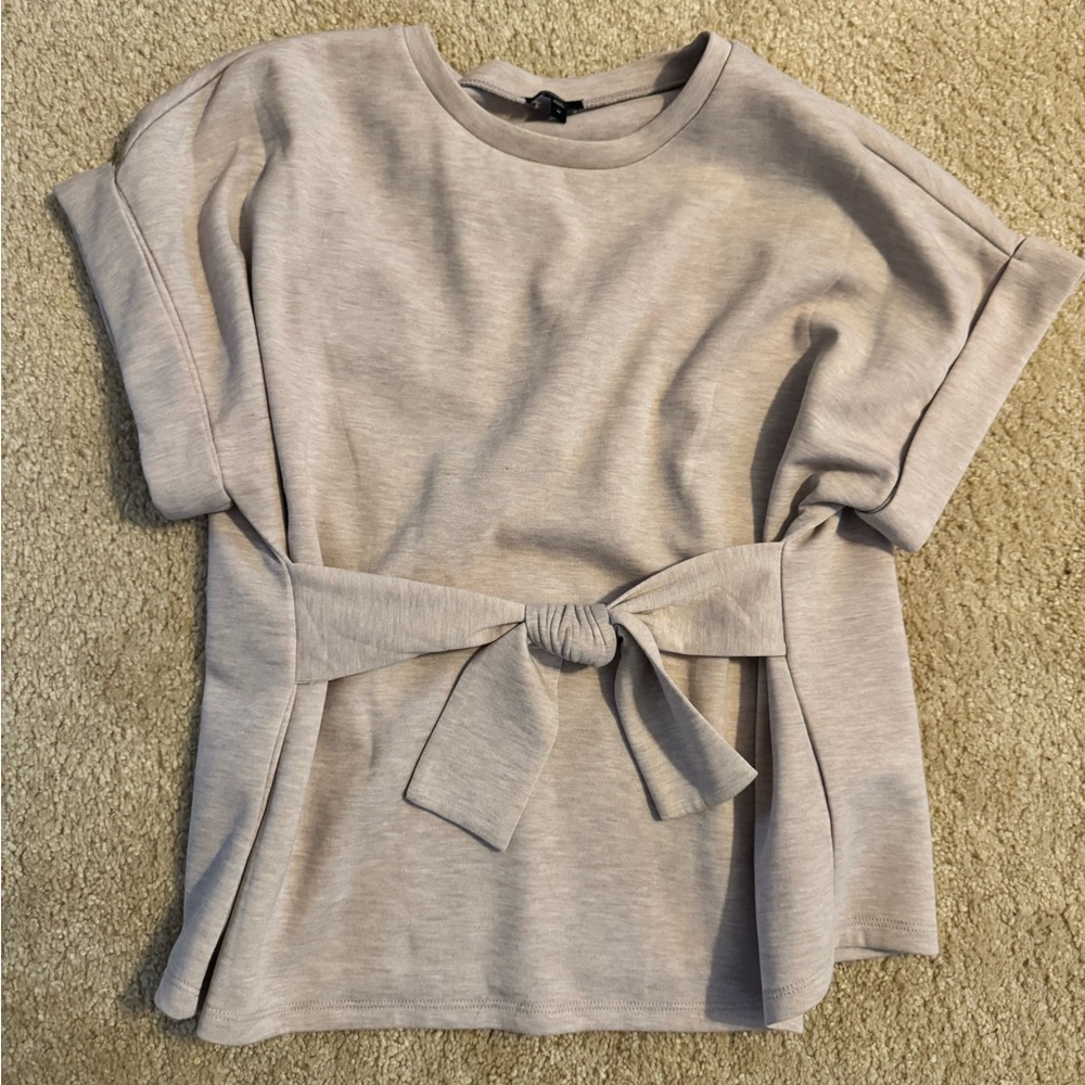 Express Light Beige Short Sleeve Tie-Front Top